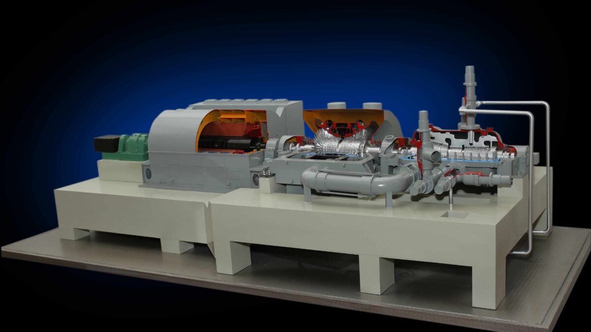 Cutaway engineering model showing internal machinery components
