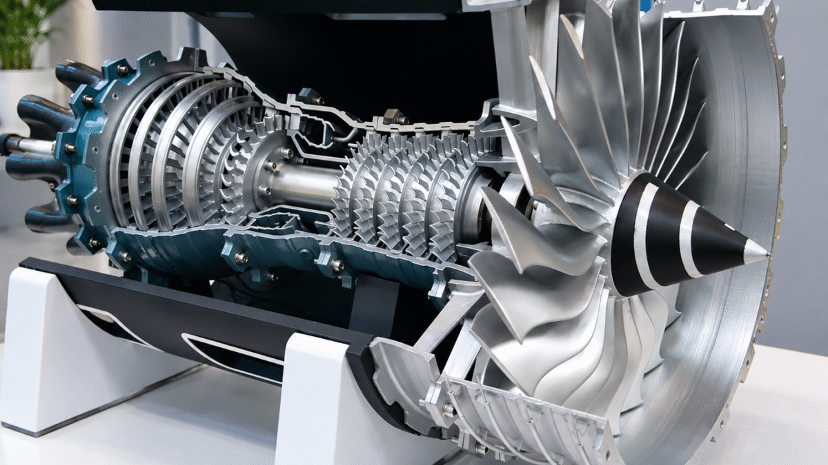 Working industrial model of a cutaway jet engine showing internal components