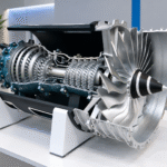 Working industrial model of a cutaway jet engine showing internal components