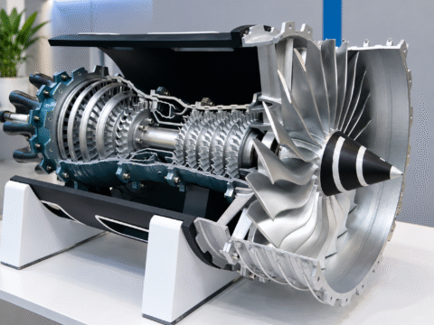 Working industrial model of a cutaway jet engine showing internal components